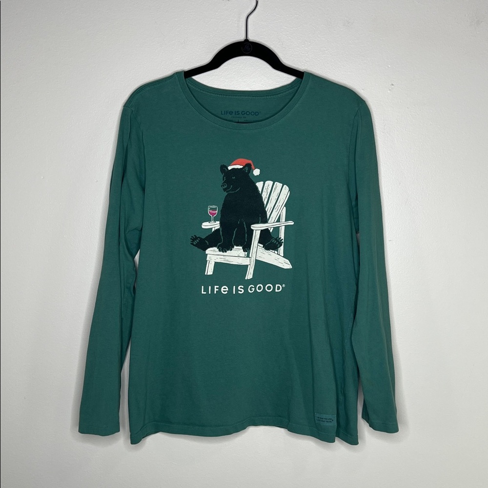 LIFE IS GOOD Santa Hat Black Bear with Wine Women's Crusher Tee size Large - Picture 2 of 13
